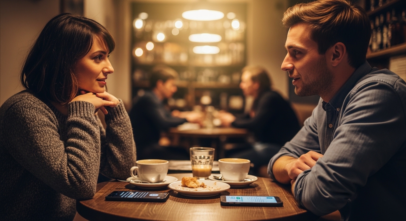 couple having an open conversation at a cafe table with smartphones visible