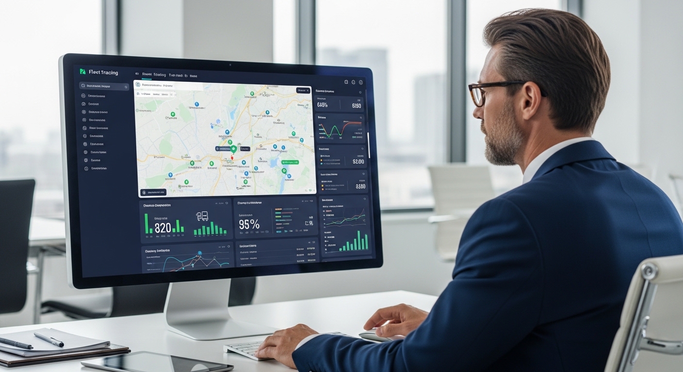 business manager reviewing fleet tracking dashboard on computer monitor in corporate office