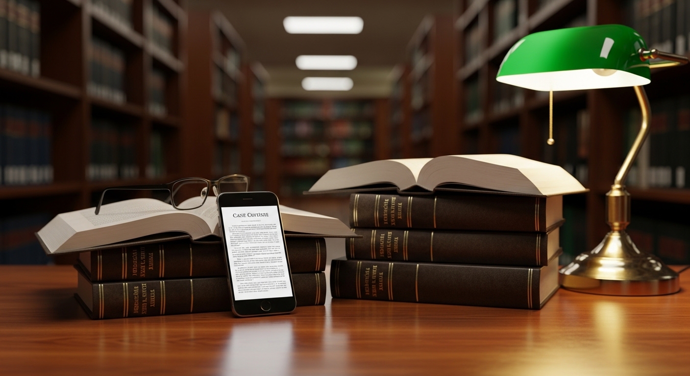 close-up of law books and a smartphone on a wooden desk in a law library