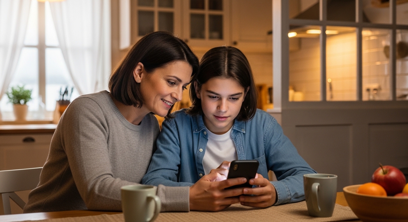 parent and teenager looking at smartphone together at kitchen table