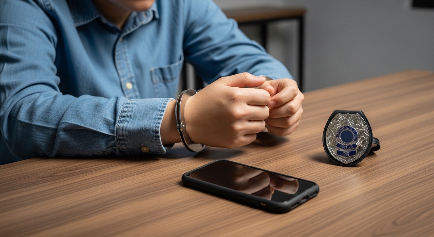 person in handcuffs sitting at a desk with a smartphone and police badge visible