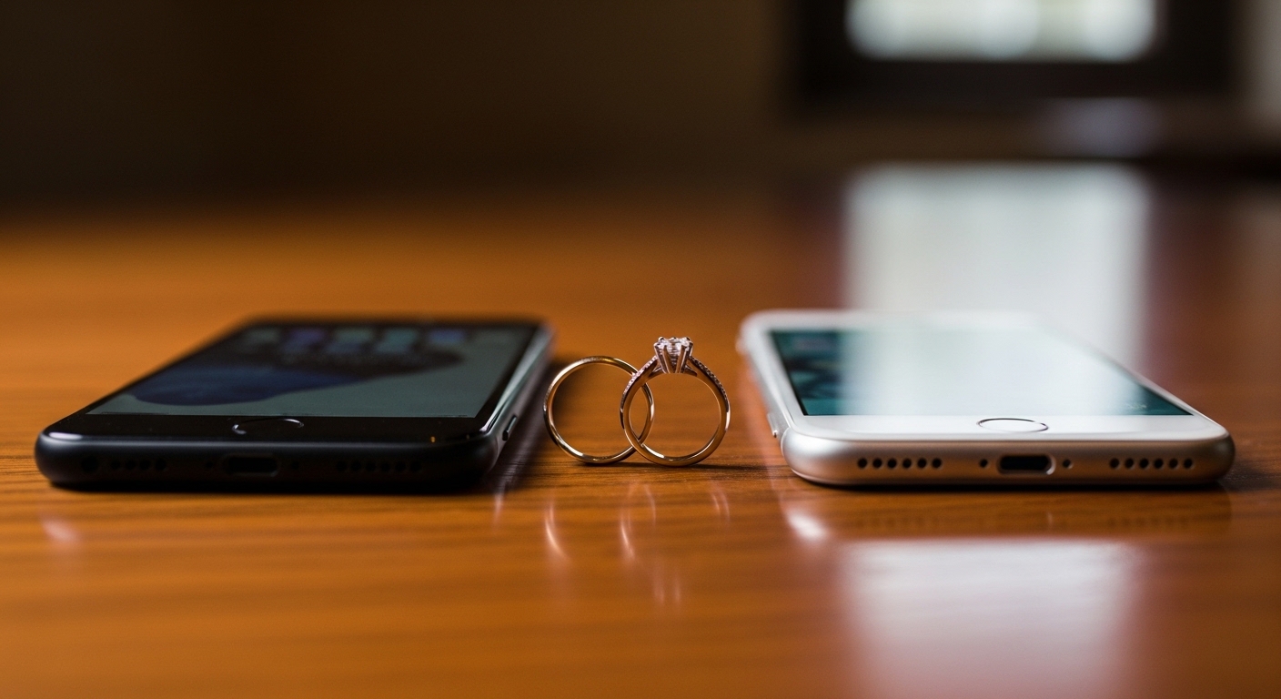 two smartphones on a table with wedding rings between them