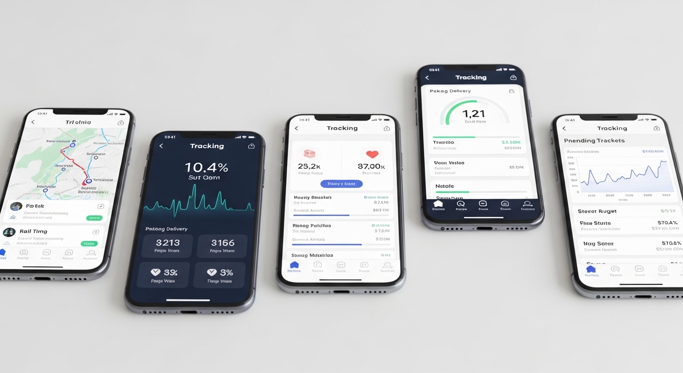 multiple smartphones displaying different tracking app interfaces on a clean white desk