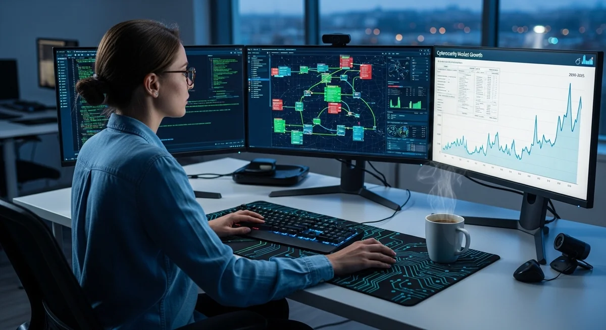 Cybersecurity professional at desk with multiple monitors displaying bug bounty interface and career growth.