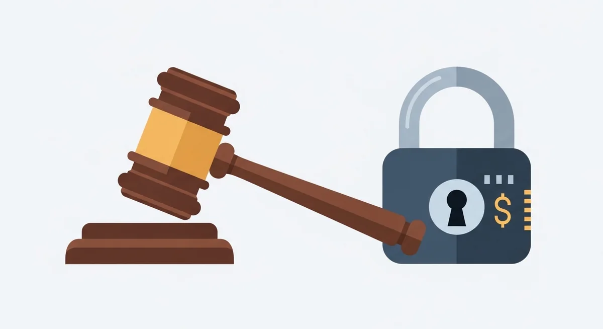 Courtroom scene with judge, gavel, and prison imagery representing serious legal consequences for hacking