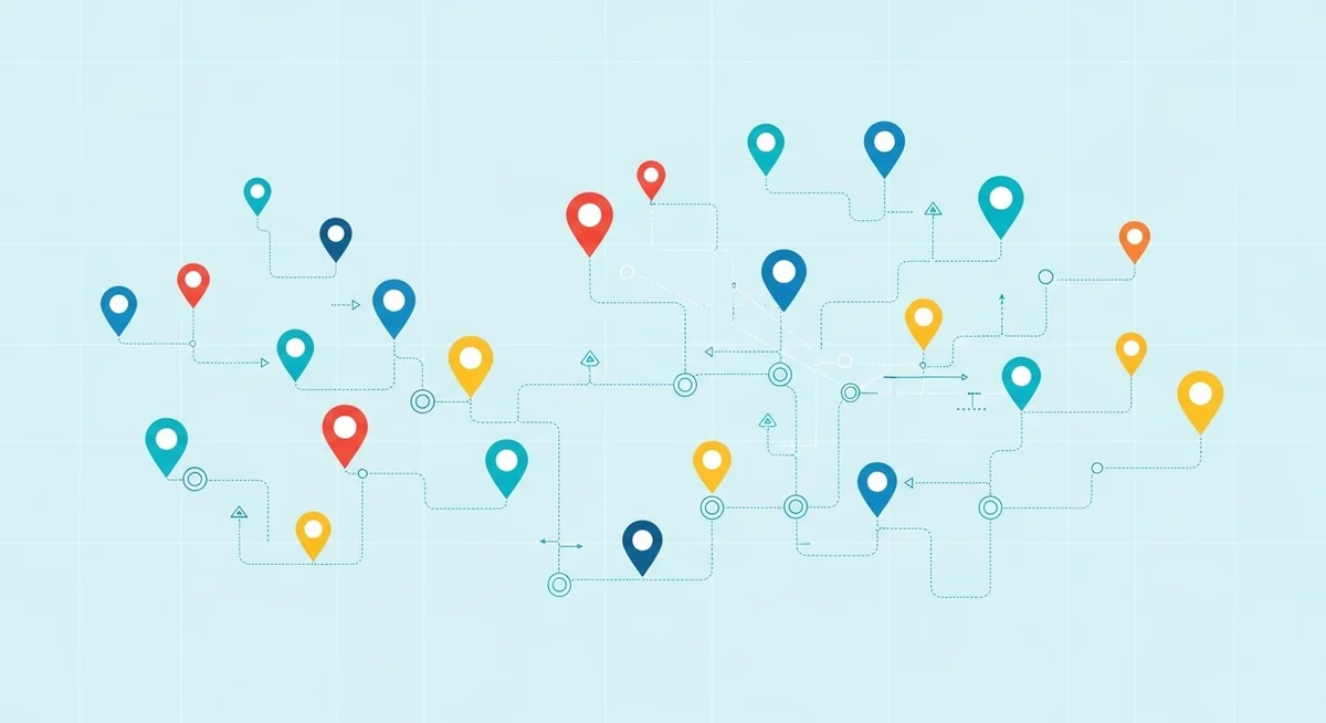 Google logo surrounded by location pins showing data collection flow through GPS and networks