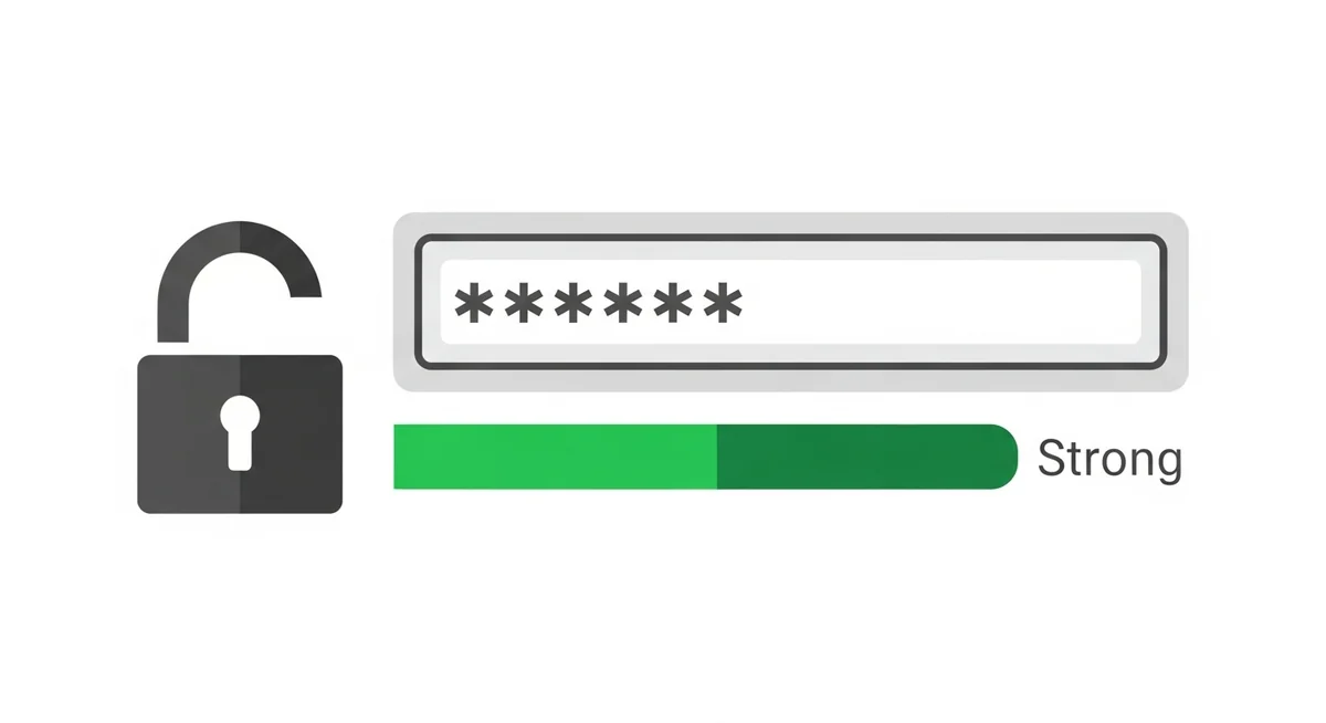 Computer screen comparing weak and strong password examples with security strength indicators for email account protection