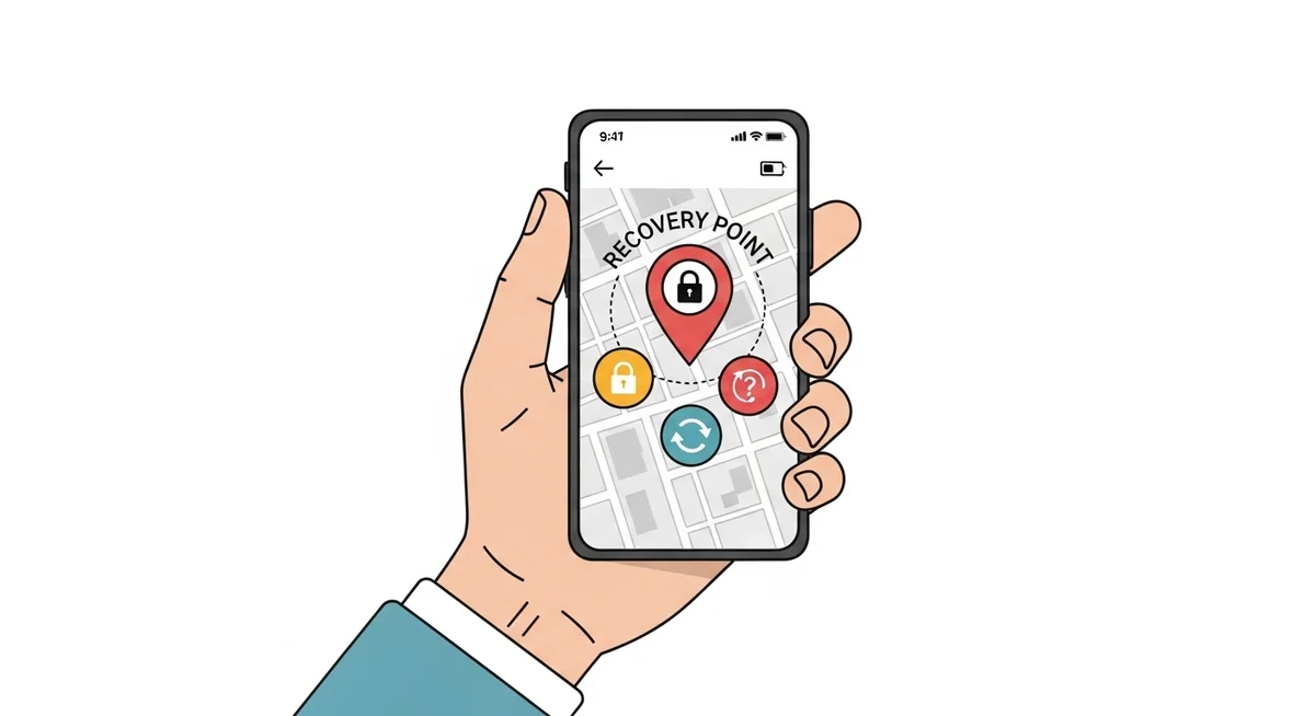 Person holding smartphone displaying Find My Device location pin and recovery options interface
