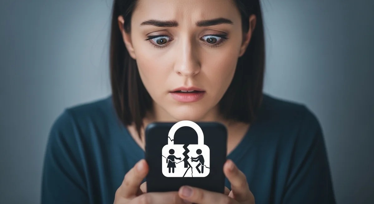 Person at computer with broken heart and lock symbols representing relationship trust and security concerns