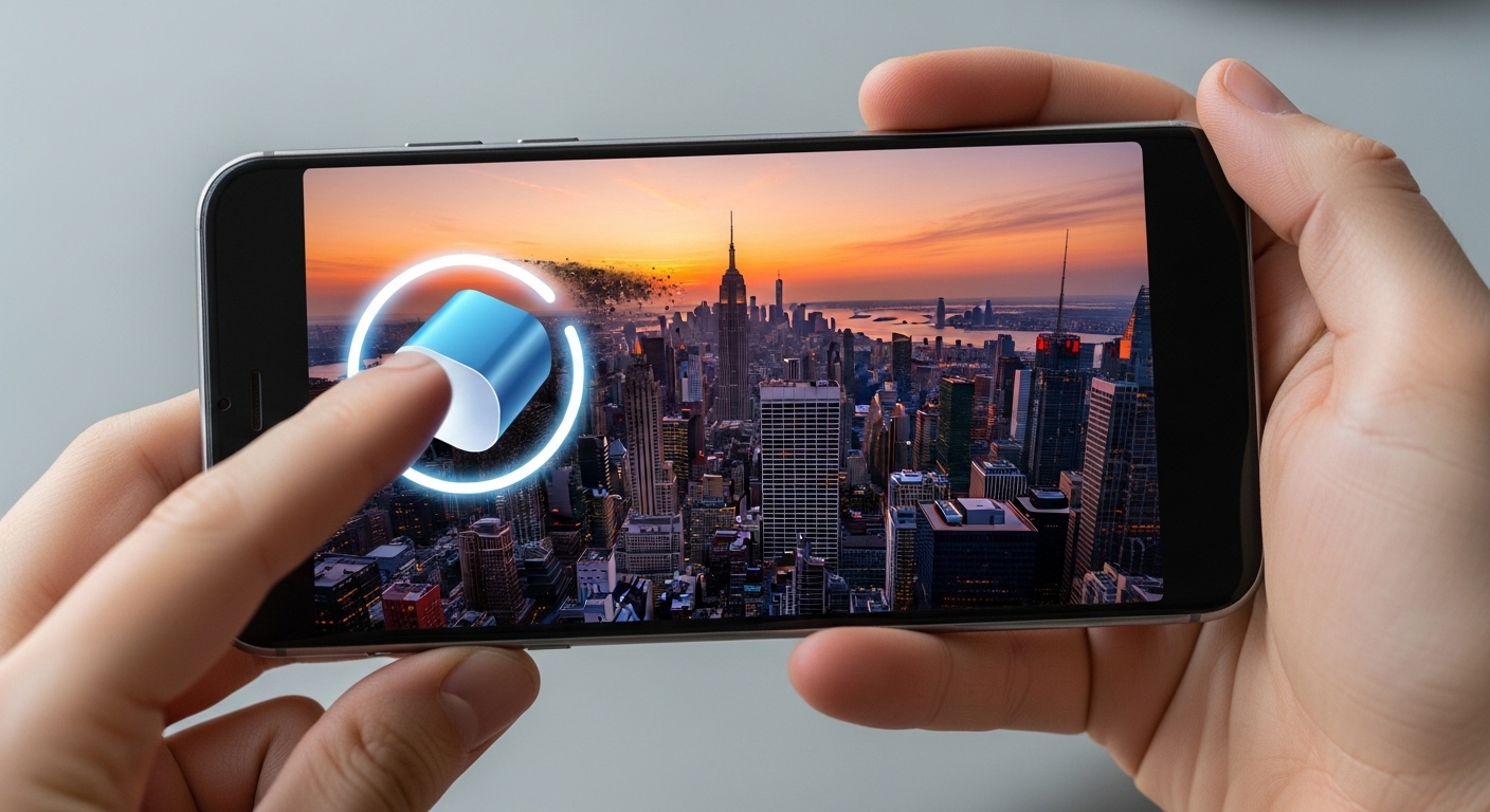 Smartphone being wiped with digital eraser effect on screen