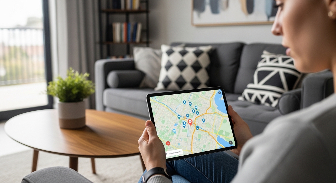Person looking at tablet showing Apple Find My device location