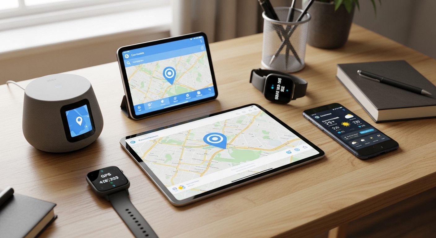 Multiple devices on desk showing location services