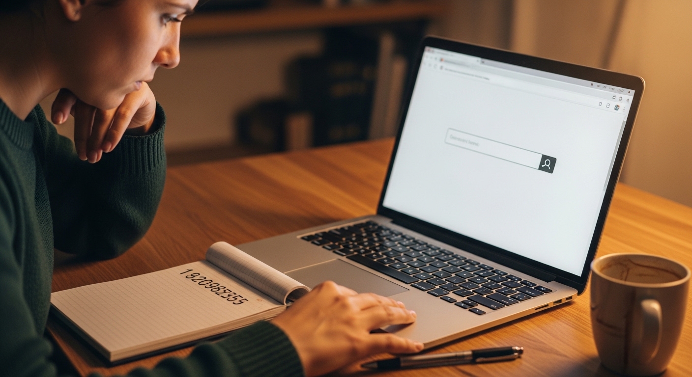 Person staring at phone number on notepad next to laptop