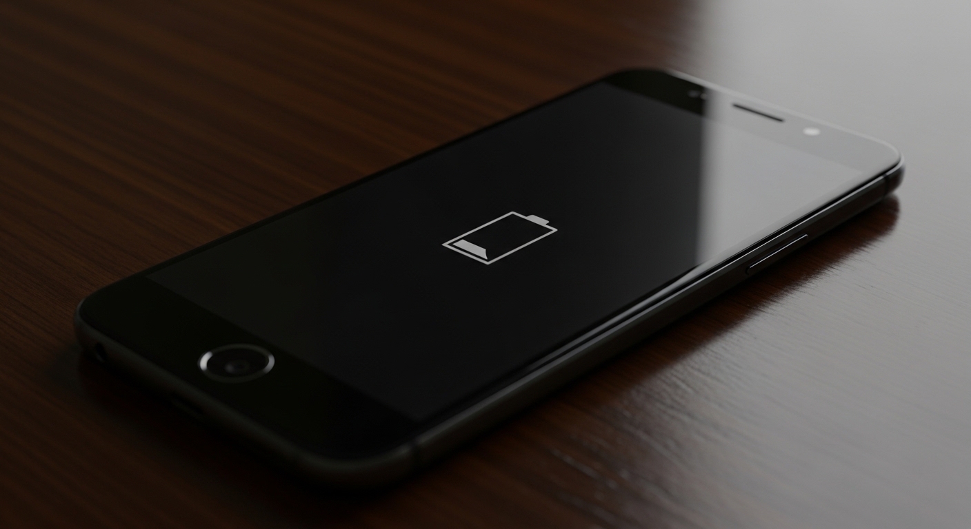 Powered-off smartphone lying on a dark table with dim battery icon