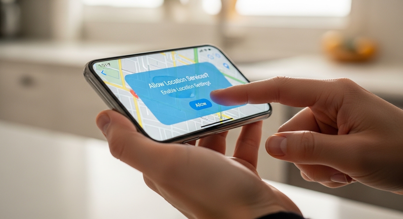 Person enabling location settings on smartphone in kitchen
