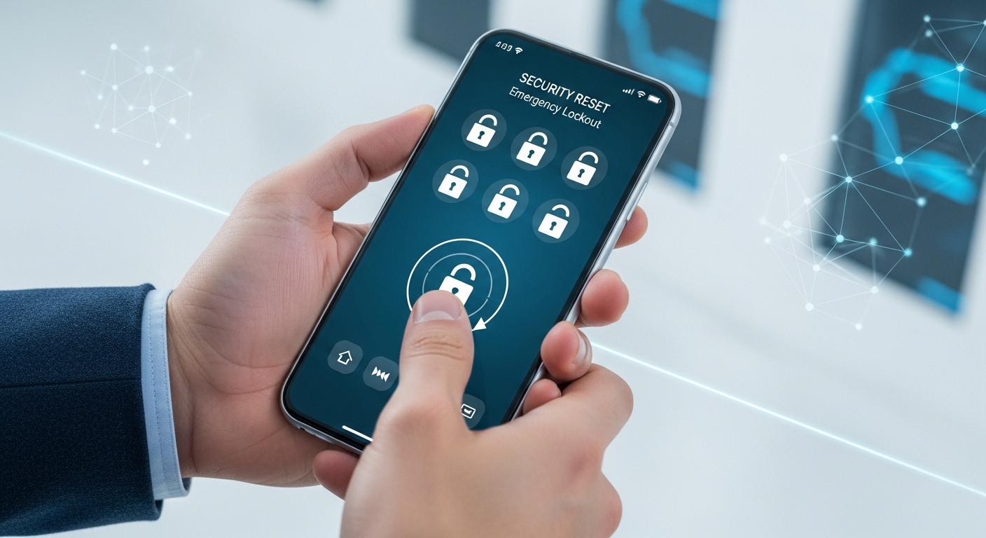 Hands performing emergency security reset on hacked smartphone