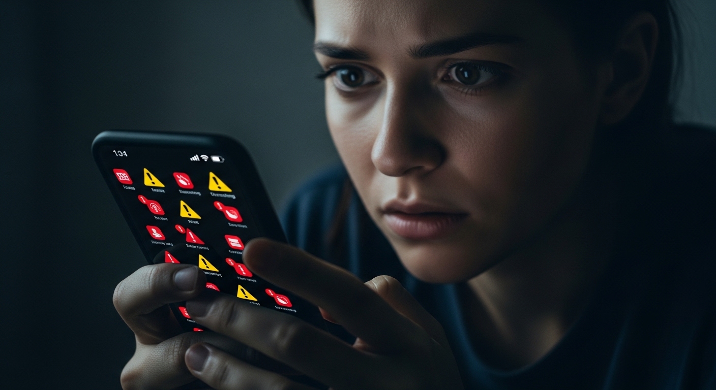 Person checking smartphone for signs of hacking with warning notifications