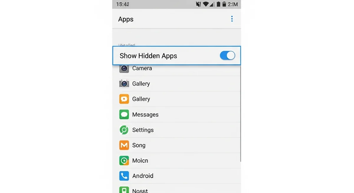 Android Settings menu showing Apps section with options for hidden and system apps display.