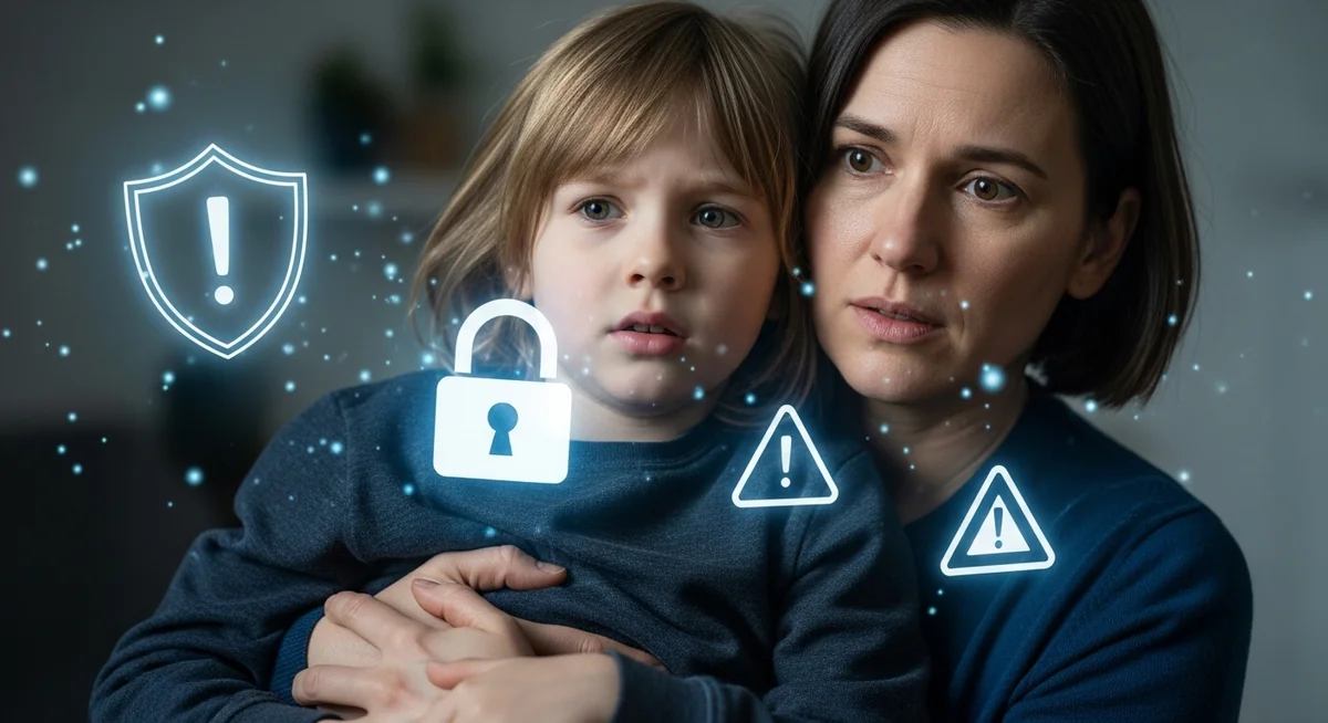 Concerned parents and children with cybersecurity warning symbols and alerts