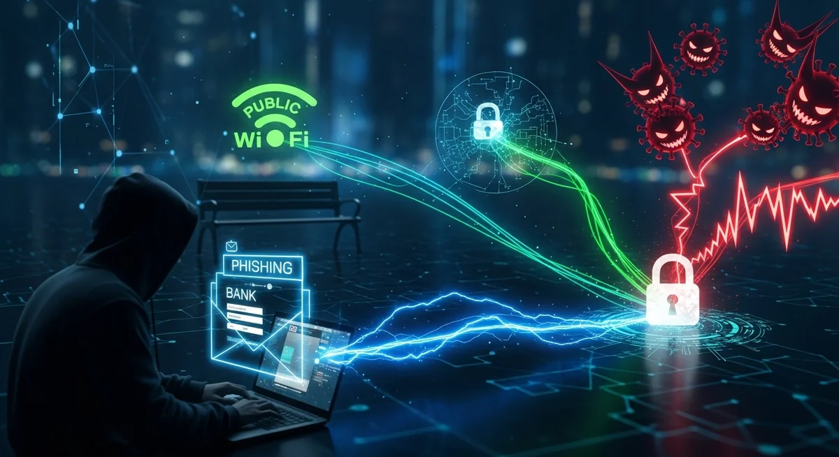 Cybercriminal network visualization showing multiple attack paths with phishing, Wi-Fi interception, and malware threats.