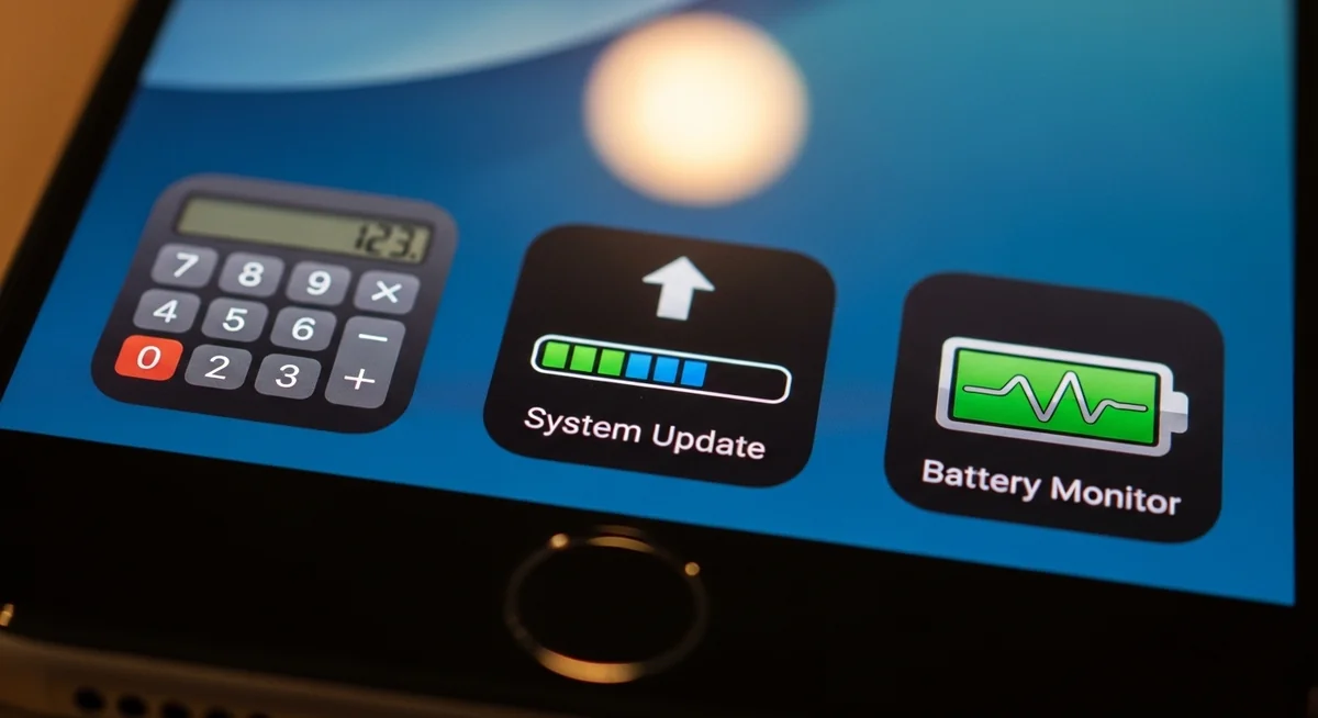 Deceptive mobile apps disguised as calculator, system update, and battery monitor with suspicious icons.