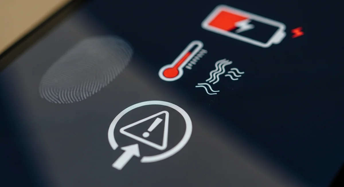 Smartphone displaying battery drain, performance issues, and warning icons displayed
