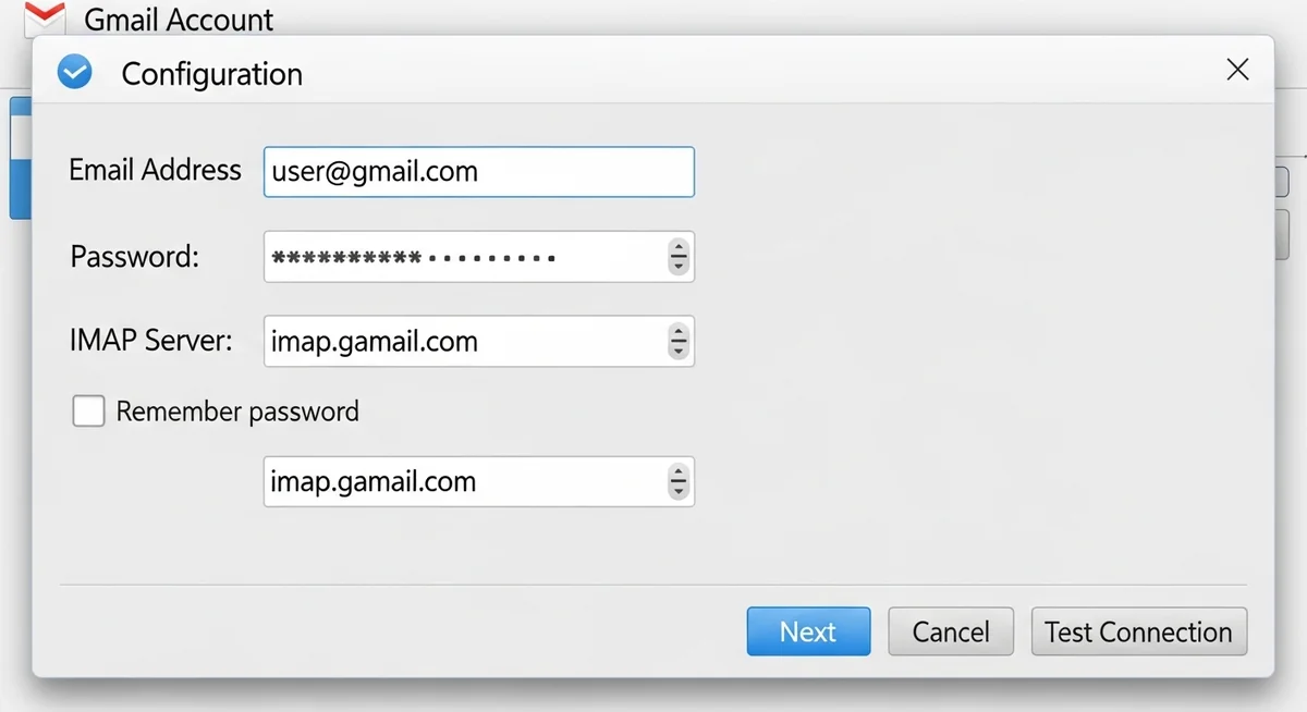 Email clients Outlook, Thunderbird, and Apple Mail showing Gmail configuration with stored password fields.