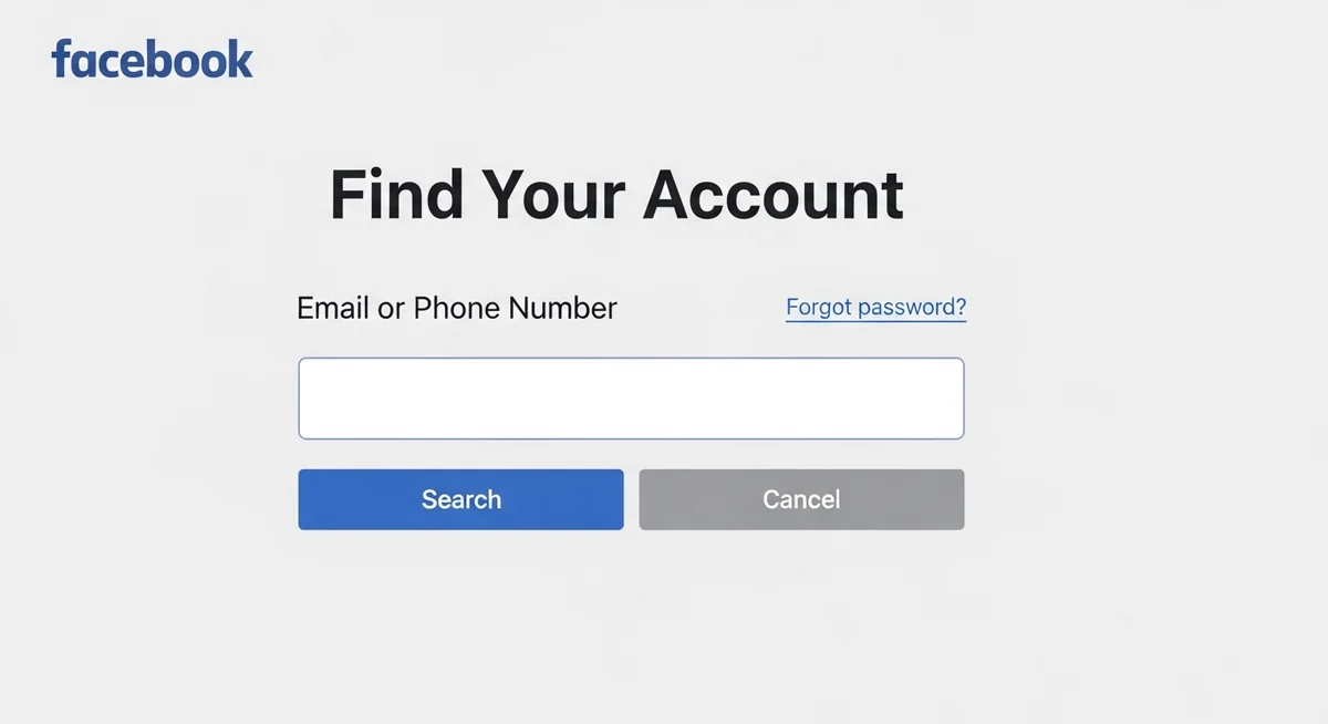 Facebook account recovery interface showing password reset options with email and phone verification methods.