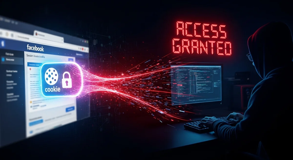 Browser cookie interception visualization showing Facebook session theft with data packet capture and attacker access.
