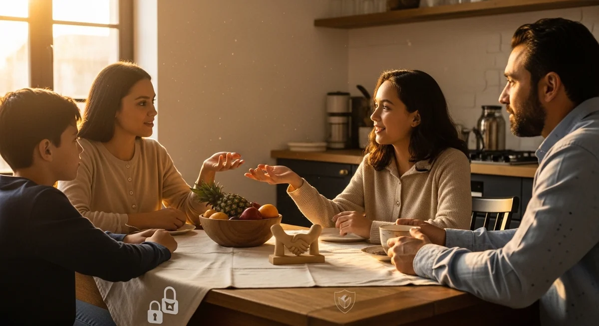 Family having conversation about online safety, digital literacy, and trust