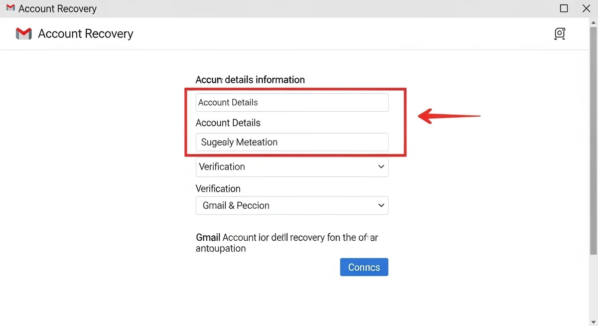 Gmail account recovery form with fields for creation date, previous passwords, contacts, and phone numbers.