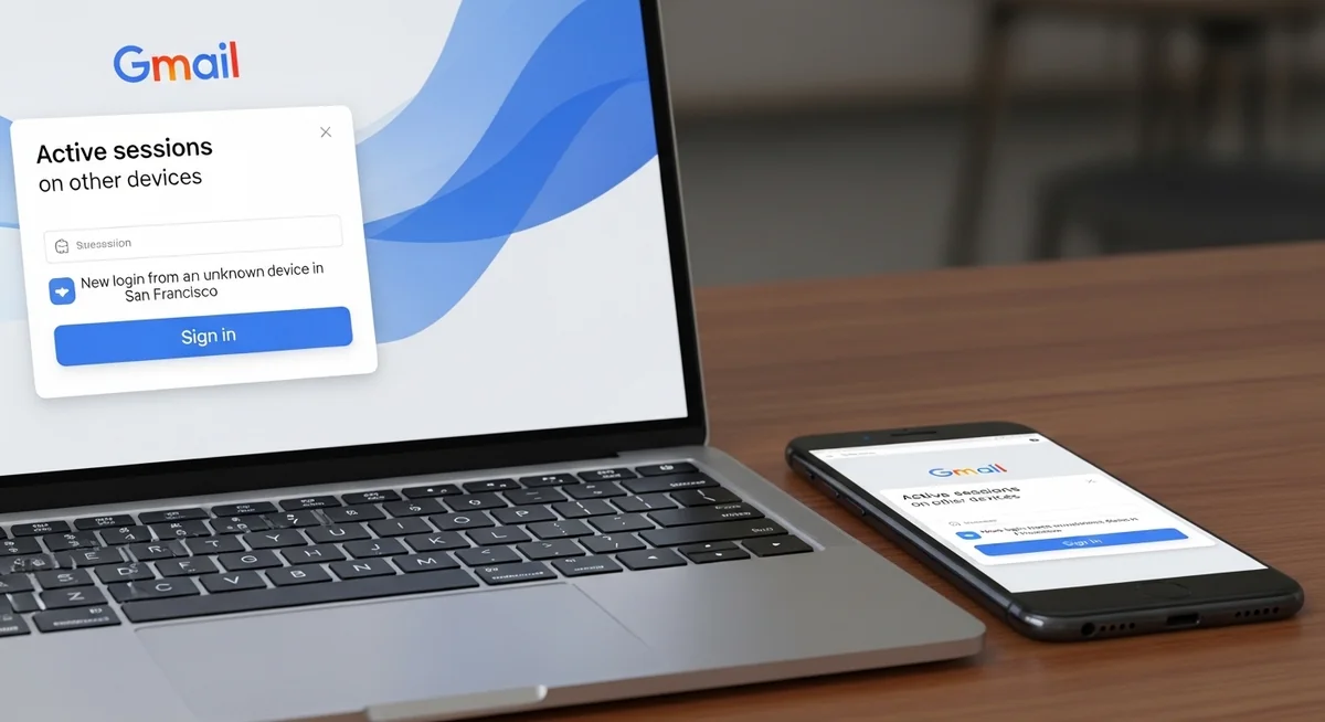 Smartphone and laptop both showing Gmail logged in with active session notifications visible.