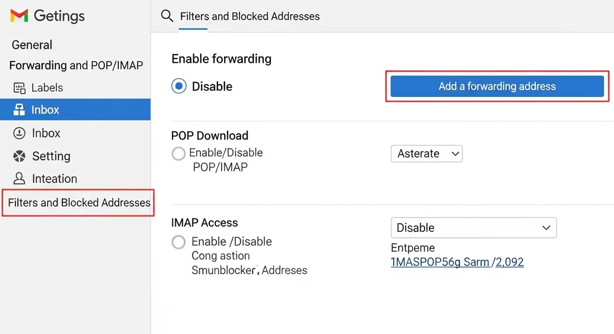 Gmail settings showing email forwarding setup and filter rules configuration with action options.