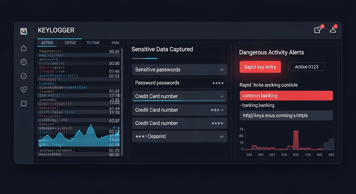 Keylogger dashboard displaying keystroke logs, captured passwords, activity timeline, and real-time alerts.