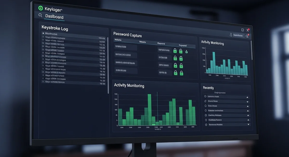 Keylogger software interface displaying keystroke recording, password capture, and monitoring activity logs.
