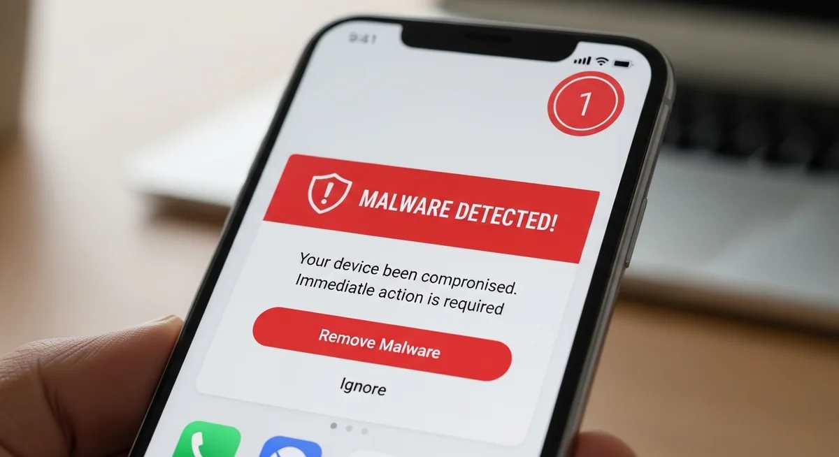 Smartphone receiving malware warning and critical security threat notification alert