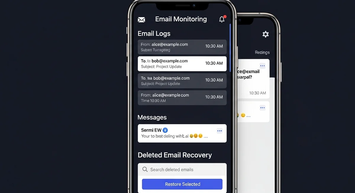 Mobile monitoring app dashboard displaying email logs, captured messages, and deleted email recovery interface.