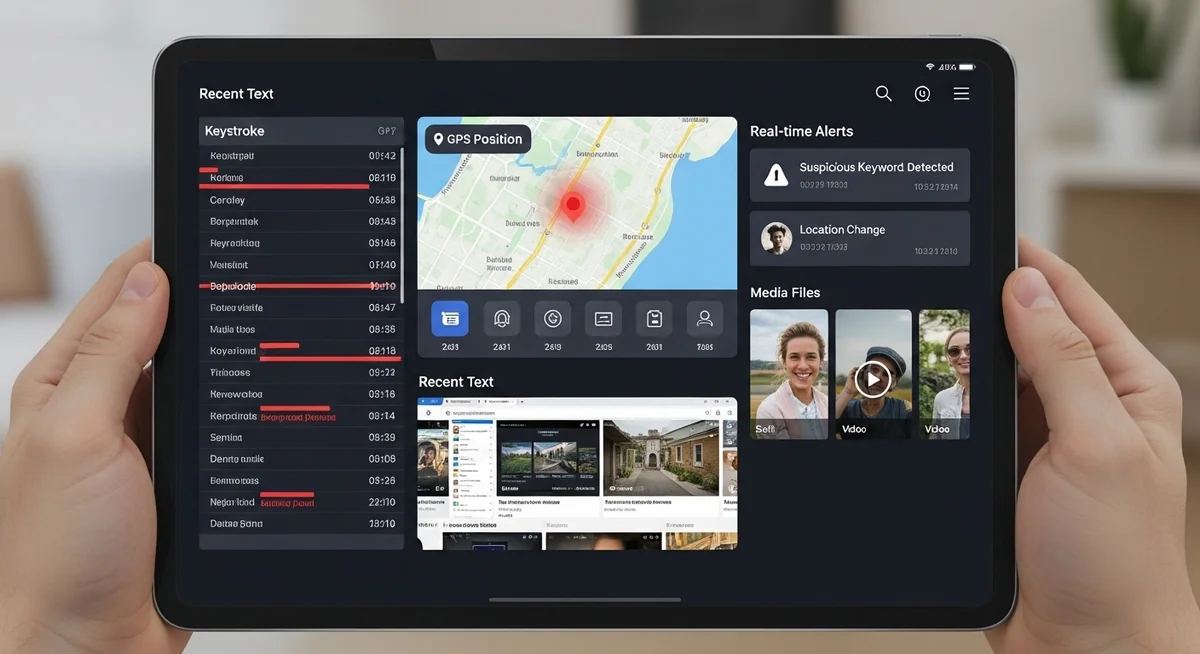 Monitoring app dashboard showing real-time alerts, screenshots, GPS tracking, media gallery, and keystroke logs.