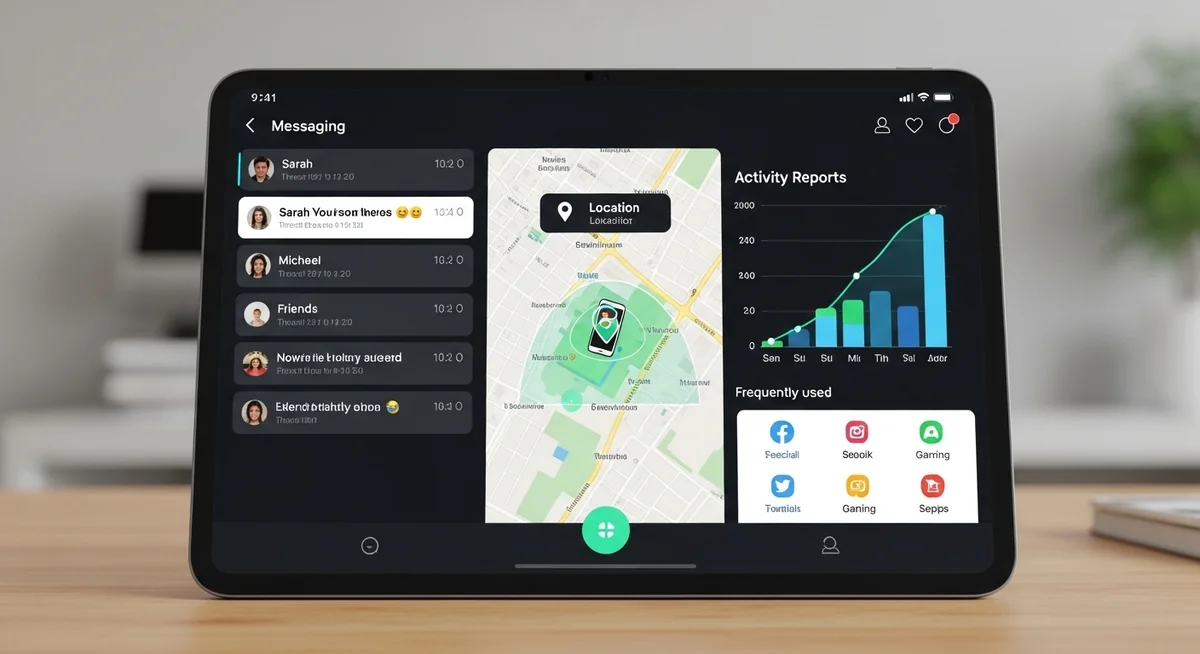 Parental control software interface showing messaging monitoring, location tracking, and activity reports on devices.