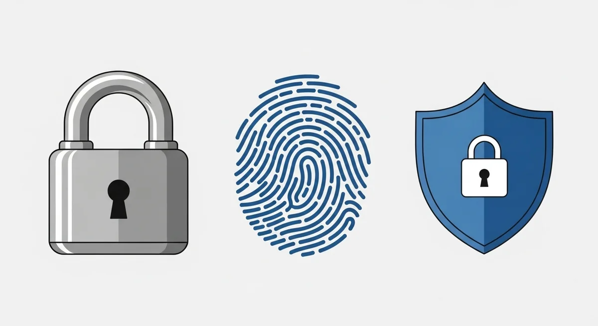 Security best practices icons showing strong password, fingerprint, and encryption