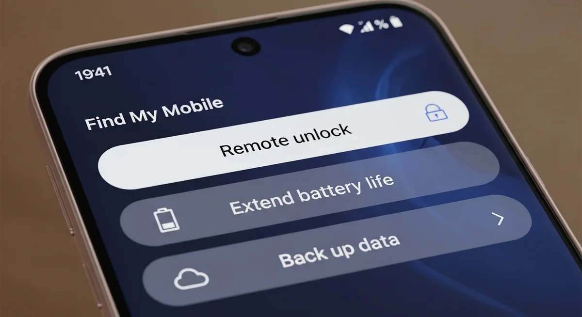 Samsung Find My Mobile interface showing remote controls for unlock, battery, backup, and device finding.