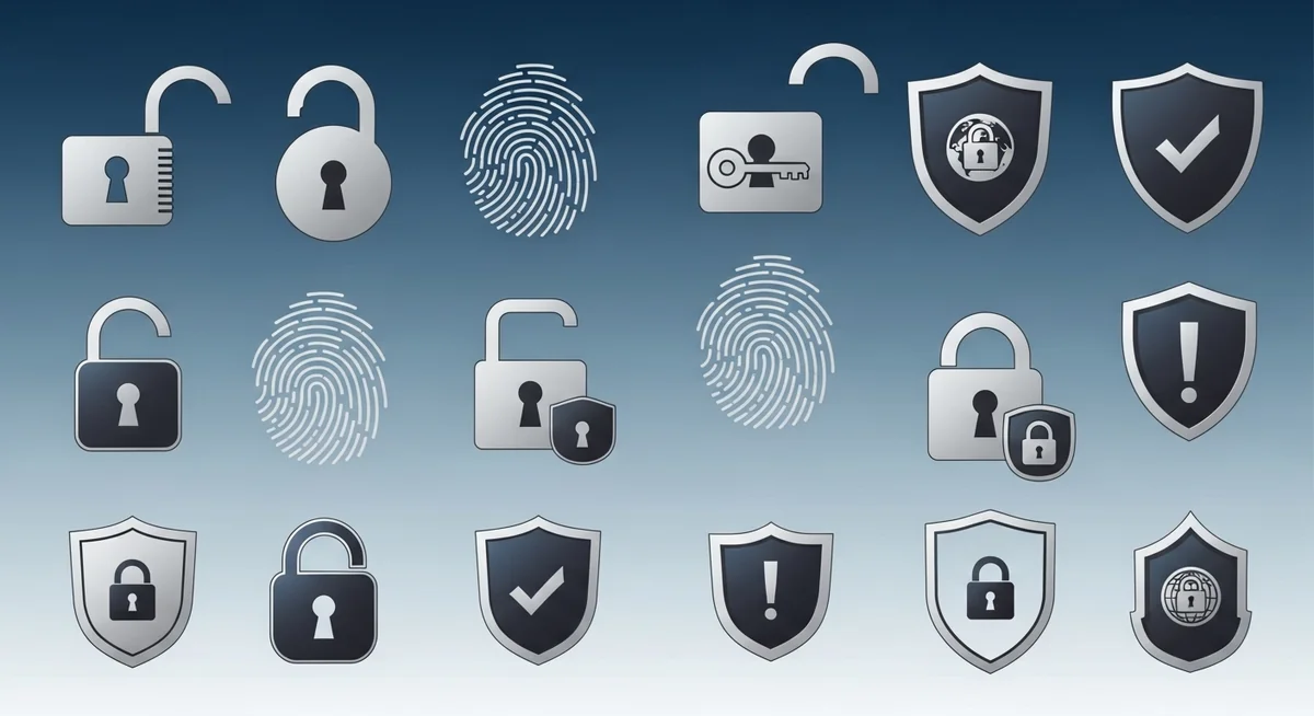 Evolution of security technology icons including locks and biometric symbols