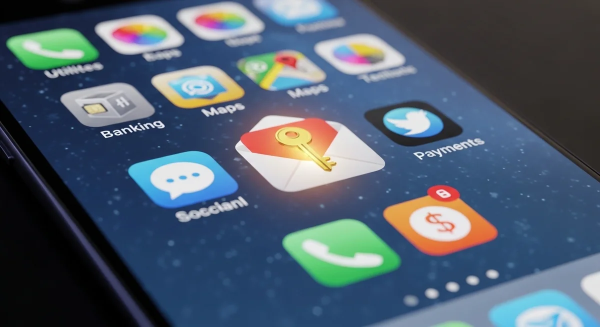 Smartphone screen highlighting attack target apps including email as master key, banking, social media, payments.