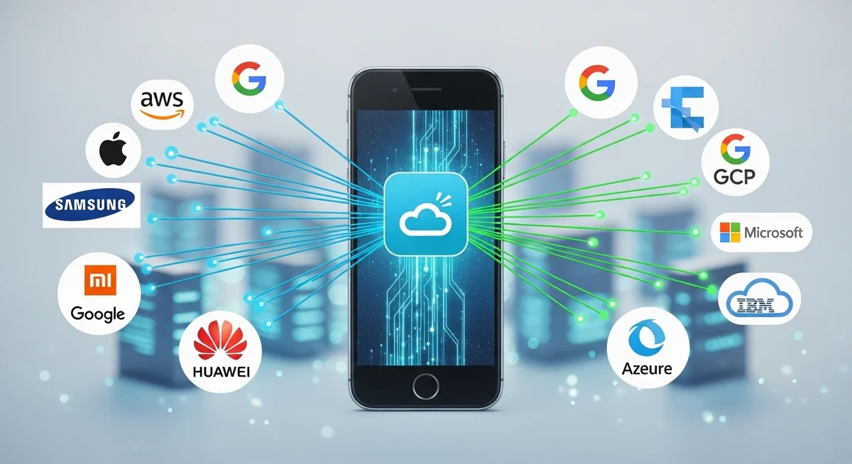 Smartphone manufacturer logos including Xiaomi, Huawei, OnePlus, Oppo, and Vivo with cloud services.