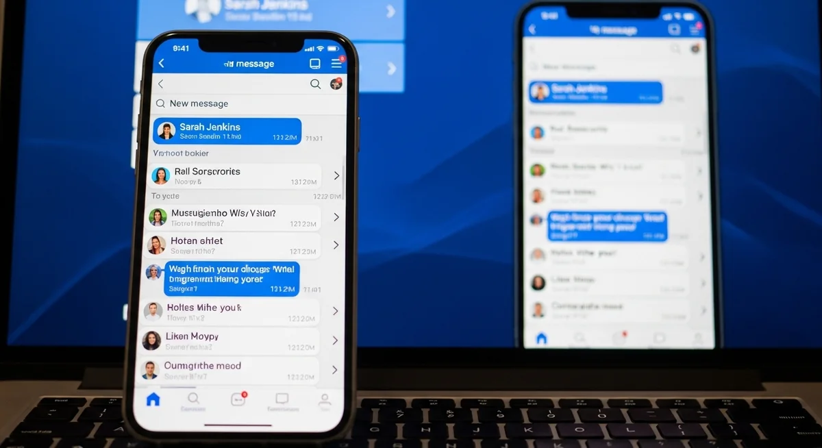 Smartphone screen mirrored on laptop in real-time showing Facebook conversations and notifications duplicated.
