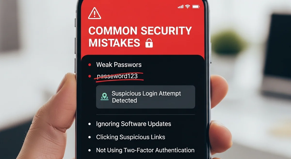 Smartphone user making common security mistakes with weak passwords, unattended device, and suspicious login warnings.
