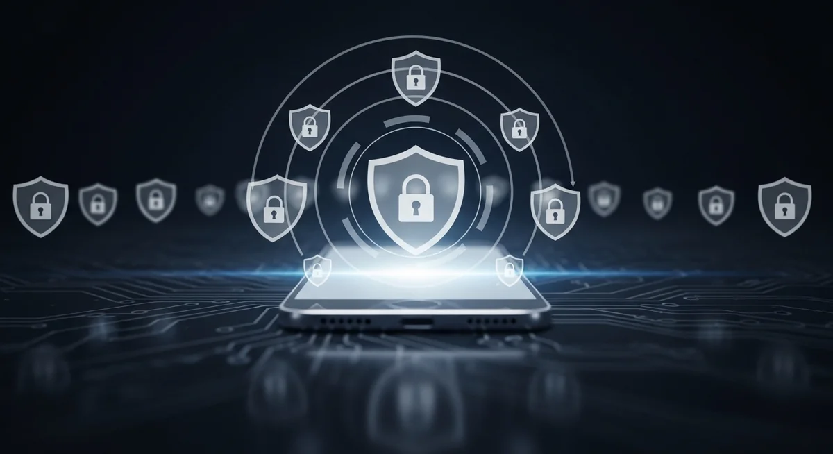 Smartphone surrounded by encryption padlocks and multiple security protection layers