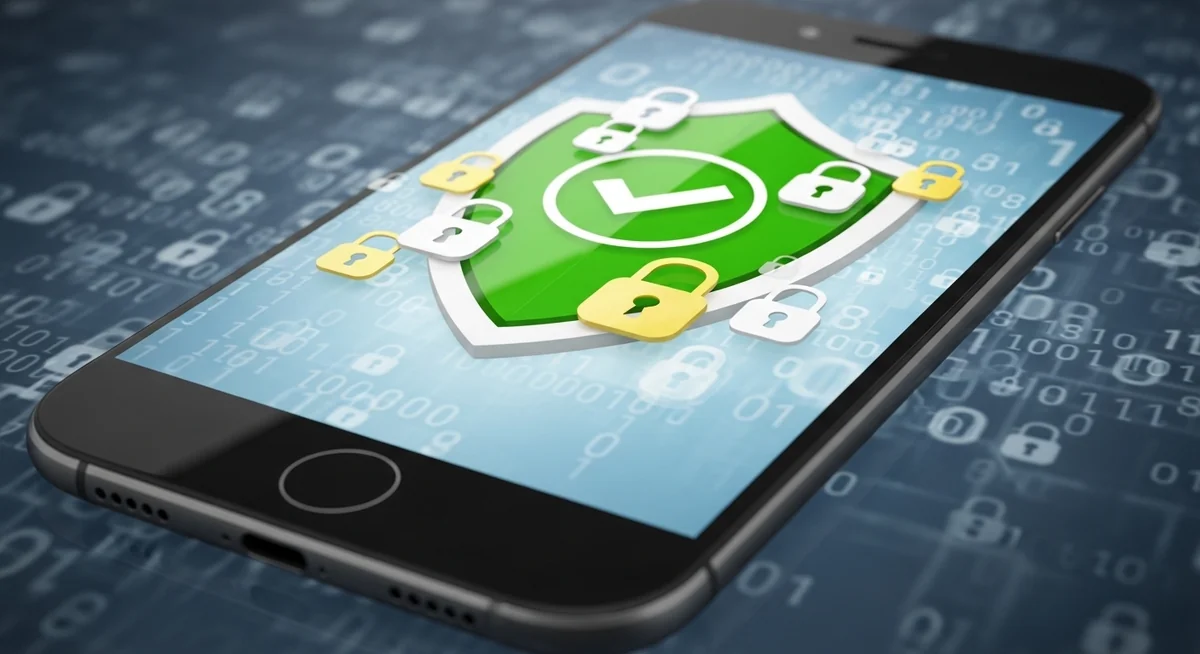 Modern smartphones with security shield icons and padlock symbols showing digital protection layers.