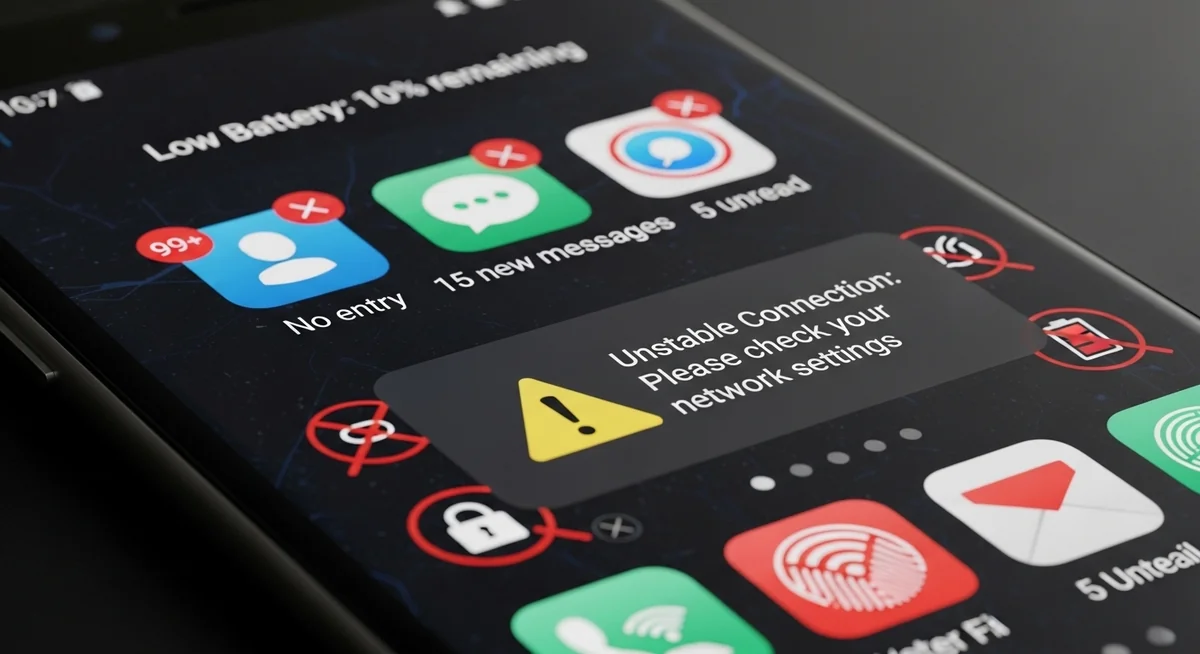 Smartphone displaying multiple security warning alerts and device health warnings