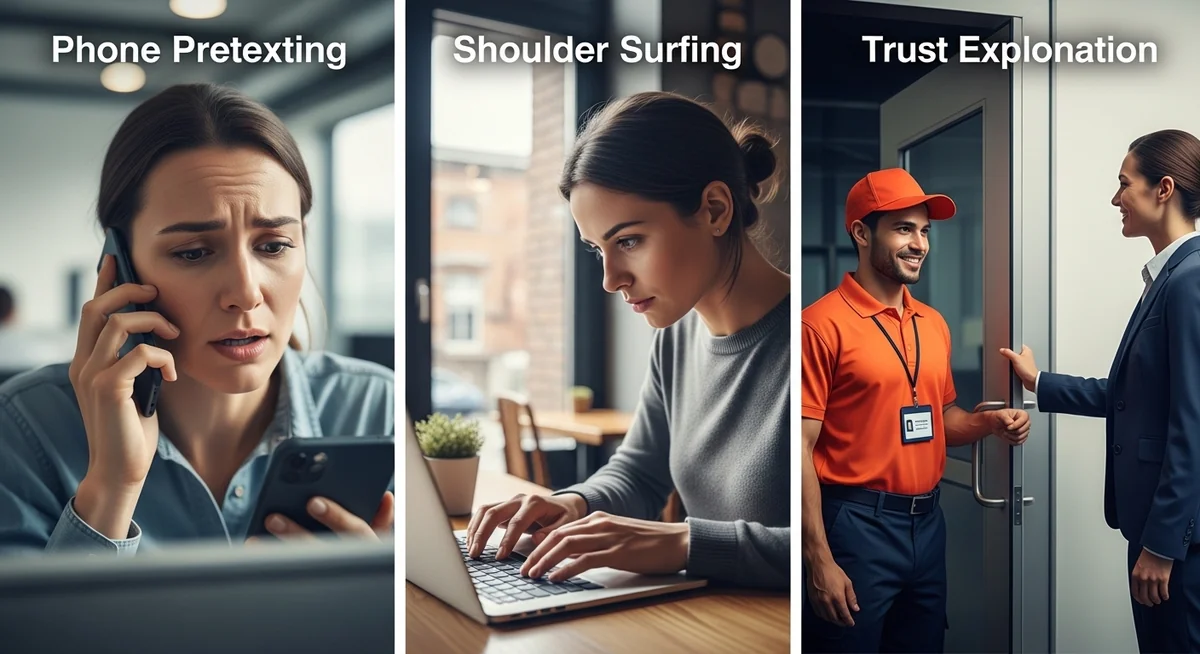 Three social engineering tactics illustrated: pretexting, shoulder surfing, and trust exploitation methods.